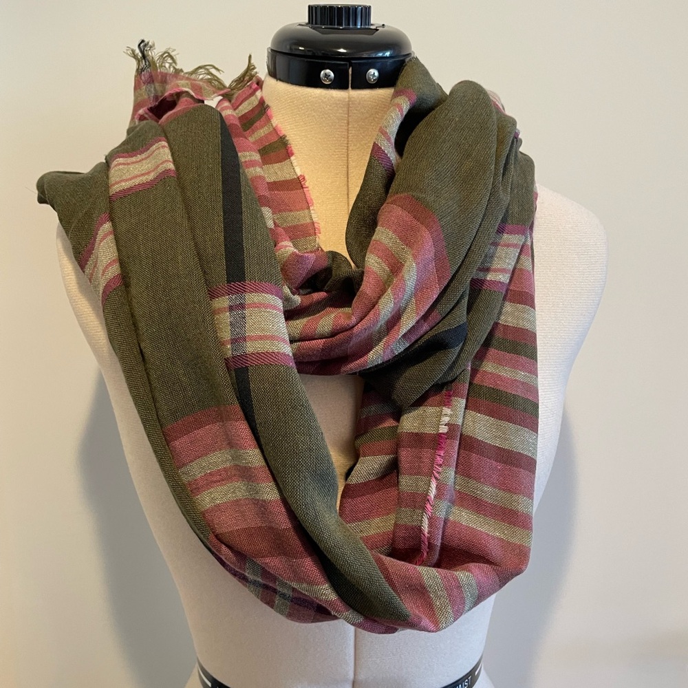 Begg & Co Cotton/Linen/Silk Striped Pink and Green Shawl